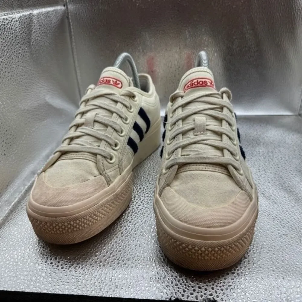 adidas Women's Cream Platform Sneakers with Navy Stripes and Red Logo